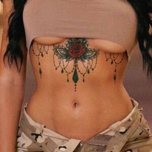 1pc Sexy Underboob Temporary Tattoo Sticker, Rose Flower & Gemstone Pattern